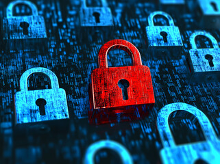 Poster - A digital background with padlocks and numbers, a red lock in the middle of blue ones on a digital screen, representing a security concept