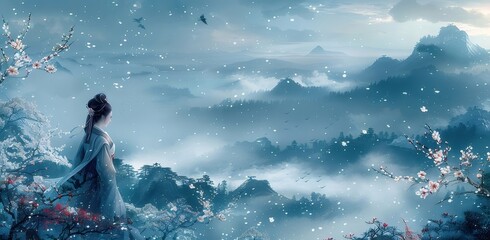 Wall Mural - Woman Snow Mountain View Asian Fantasy