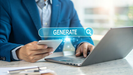 Poster - AI Content Creation: Hands Typing on Laptop with Glowing Generate Button - Symbolizing Automation, Artificial Intelligence, and Digital Content       