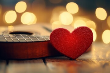 Poster - Heart shaped decoration beside acoustic guitar on wooden surface with soft glowing lights in the background during evening. Generative AI