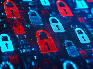 Poster - A digital background with padlocks and numbers, a red lock in the middle of blue ones on a digital screen, representing a security concept