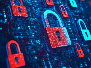 Poster - A digital background with padlocks and numbers, a red lock in the middle of blue ones on a digital screen, representing a security concept