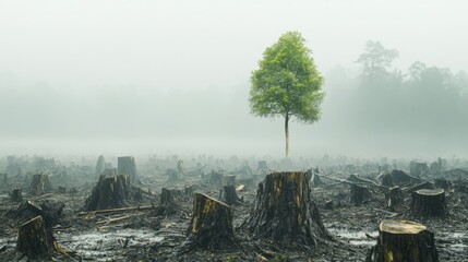 Poster - Forest clearing showing a solitary tree in a misty landscape with stumps of cut trees around. Generative AI