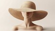 © Sleeping Carbuncle - Mannequin Head Wearing Large Straw Hat on Beige Background in Studio Shot