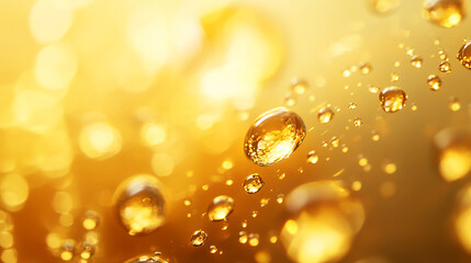 Poster - Close-up of golden water droplets on a sparkling background, creating a shimmering effect with soft bokeh lights, symbolizing luxury, purity, and elegance.
