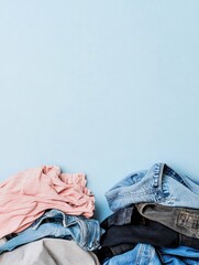 Aufkleber - Comparison of dirty versus freshly laundered clothes on a light blue background with ample space for text. Generative AI