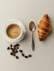 Aufkleber - Enjoying a warm croissant and espresso coffee with roasted beans on a light surface during morning time. Generative AI