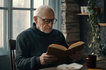 Aufkleber - Elderly man reading a book in a cozy room with natural light and a serene atmosphere during the afternoon. Generative AI