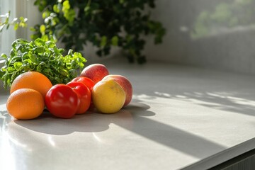 Aufkleber - Fresh fruits and vegetables arranged on a kitchen countertop with sunlight illuminating the scene. Generative AI