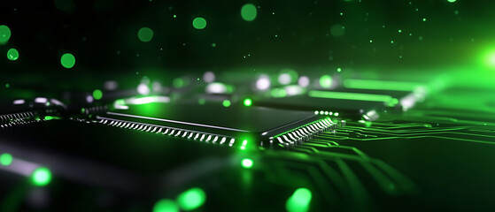 Poster - Green circuitry with microchips illuminated under bright lights shows the intricate design of modern technology in a close-up view