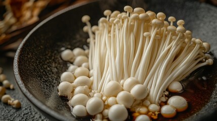 Wall Mural - Enoki mushrooms, drenched in a delicious soy sauce with content Asian ambiance