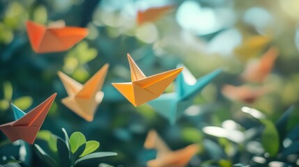 Fototapete - Group of paper planes flying in one direction with one individual pointing in a different way to symbolize innovative thinking. Generative AI