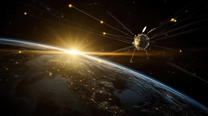 Wall Mural - a satellite in earth's orbit during sunrise