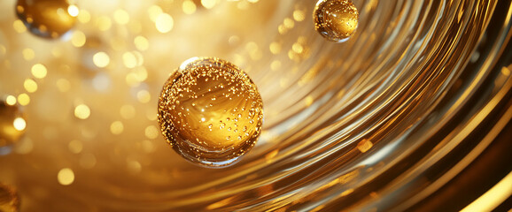 Poster - Close-up of floating golden bubbles with sparkling lights, creating an elegant and luxurious abstract scene.