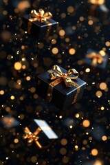 Canvas Print - Falling against a dark backdrop, black gift boxes are tied with golden ribbons