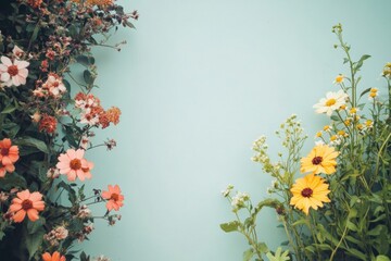 Aufkleber - Beautiful arrangement of colorful flowers against a light blue wall in a serene setting during daylight. Generative AI