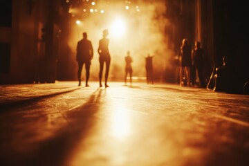Aufkleber - Cinematic action unfolds in warm tones with blurred actors on a stage during a dramatic performance. Generative AI