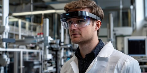 Fototapete - A researcher uses augmented reality glasses to monitor and optimize an automation system in an advanced laboratory setting, highlighting technological advancements in res