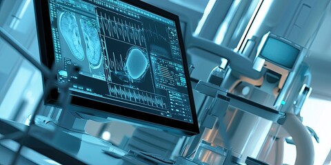 Wall Mural - detailed view of an mri scan being analyzed on a digital monitor, with surrounding medical equipment