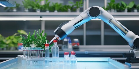 Poster - Intricate details of a pipetting robot, with the robotic arm preparing samples for analysis.