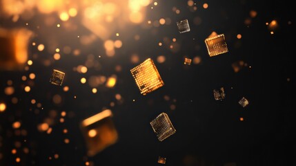 Fototapete - Floating golden cubes with shimmering particles create a stunning abstract visual experience in a dark backdrop. Generative AI