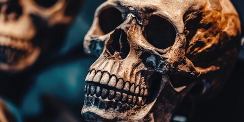 Poster - a hominid skull reconstruction, displaying the gradual changes in human evolution over time.
