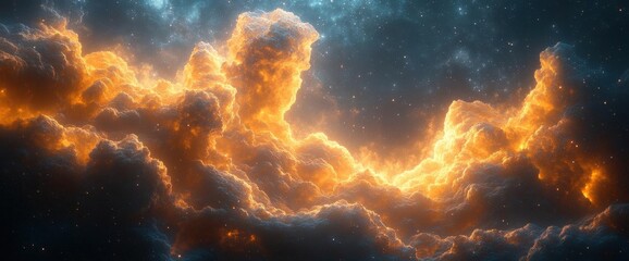 Wall Mural - Dramatic Cosmic Nebula With Golden Clouds and Sparkling Stars Against a Dark Blue Sky