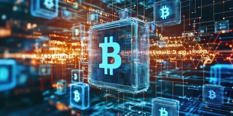 Aufkleber - Illustration detailing blockchain technology with interconnected blocks, symbolizing secure and transparent transactions.