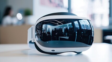 Aufkleber - virtual reality goggles in a classroom, focus on tech and curious expression, bright setting captures the immersive nature of educational technology