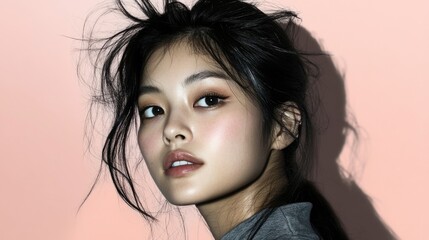 Wall Mural - Asian female young adult with messy hair and soft makeup against pink background