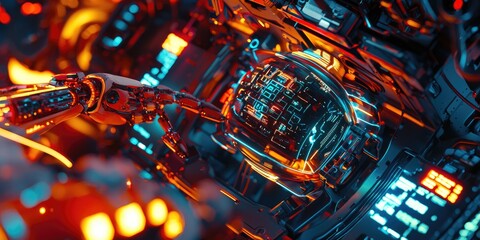 Poster - a futuristic robot performing a task, with advanced mechanics, neon accents, and a high-tech, cyberpunk setting.