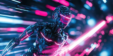 Poster - A robotic figure in motion within a cyberpunk world, showcasing sleek design, glowing neon features, and advanced AI functionality.