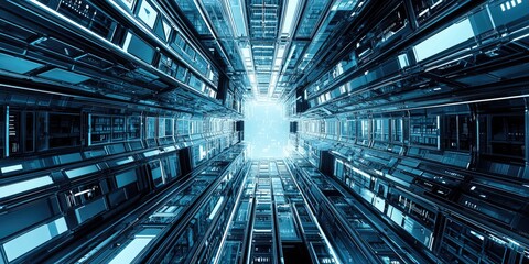 Fototapete - A detailed view of a skyscraper in a futuristic city, showcasing robotic elements, advanced AI, and sleek, modern design.