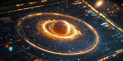 Poster - a futuristic astronomy software screen with layered visualizations, real-time galaxy exploration, and holographic features.