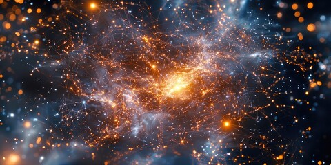 Poster - A close-up of a galaxy s core, where glowing stars and dark matter are enclosed in a digital web of energy grids and holographic projections.