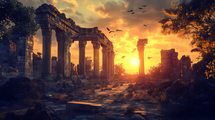 Canvas Print - Ancient ruins at golden hour, detailed textures, hdr magic. Gilded Ruins. Illustration