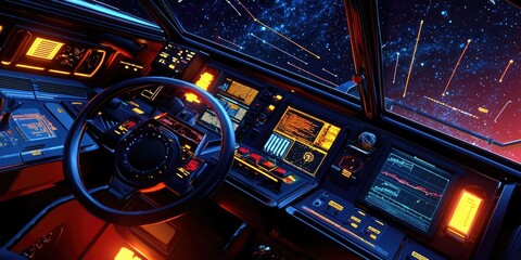 Poster - a futuristic space dashboard featuring holographic displays, advanced telemetry, and interactive star charts.