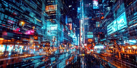 Leinwandbilder - Futuristic Cityscape with Neon Lights and Digital Elements Creating a Vibrant Urban Environment at Nighttime Ideal for Technology and Innovation Themes