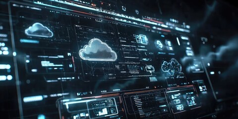 Leinwandbilder - Futuristic Digital Interface with Cloud Computing Elements and Data Visualization Graphics for Technology and Innovation Concepts