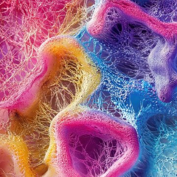 Intricate network of colorful organic structures with varying textures