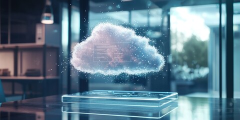 Poster - Futuristic Cloud Computing Concept with Holographic Display in Modern Office Environment Showcasing Digital Data Animation and Technology Innovations
