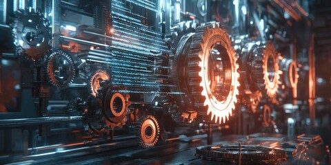 Aufkleber - Futuristic Mechanical Gears in High-Tech Environment with Glowing Effects and Digital Elements Representing Innovation and Technology in Engineering Design