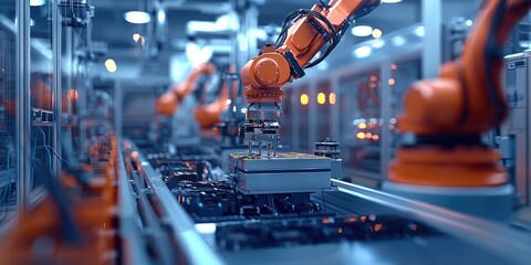 Poster - Advanced Industrial Robotics in a High-Tech Manufacturing Facility with Orange Robotic Arms Performing Precision Assembly Processes