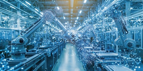 Poster - Advanced Robotic Automation in Modern Factory Setting with Futuristic Technology and Interconnected Systems for Enhanced Production Efficiency and Innovation