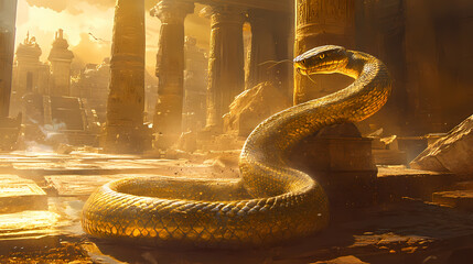 Canvas Print - Golden snake bathed in sunlight, resting on ancient temple ruins. golden serpent temple. illustration. Gilded Ruins. Illustration