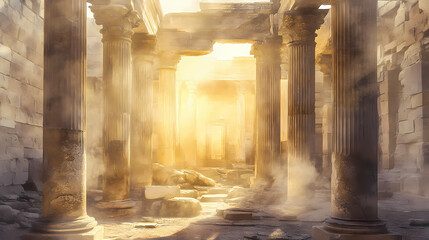 Canvas Print - Sunlit ruins of an ancient city with broken marble columns, dust-filled air, and faded frescoes in soft golden and stone-gray tones. Gilded Ruins. Illustration