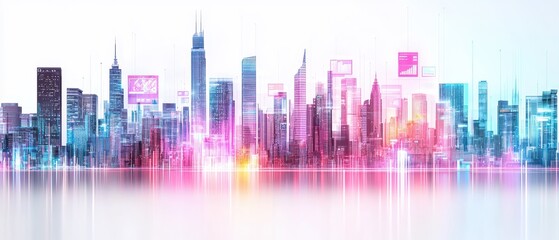 Wall Mural - Futuristic City Skyline with Augmented Reality Elements and Vibrant Colors Reflecting on a Glassy Surface