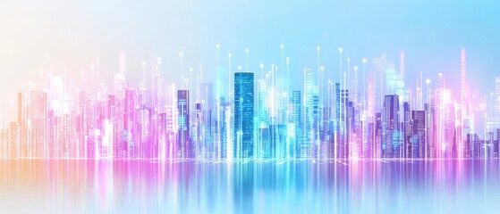 Wall Mural - Futuristic Smart City Skyline with Digital Data Visualization and Floating Elements at Dawn