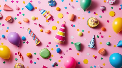 Poster - Festive celebration decorations featuring balloons, confetti, party hats, and cakes on a vibrant pink background. Generative AI