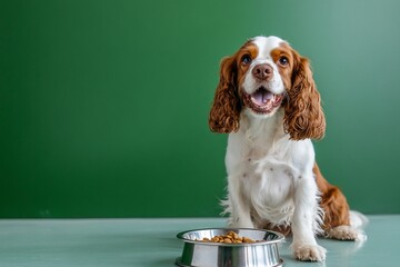 Canvas Print - Happy Cocker Spaniel dog sitting next to its food bowl against a green background.